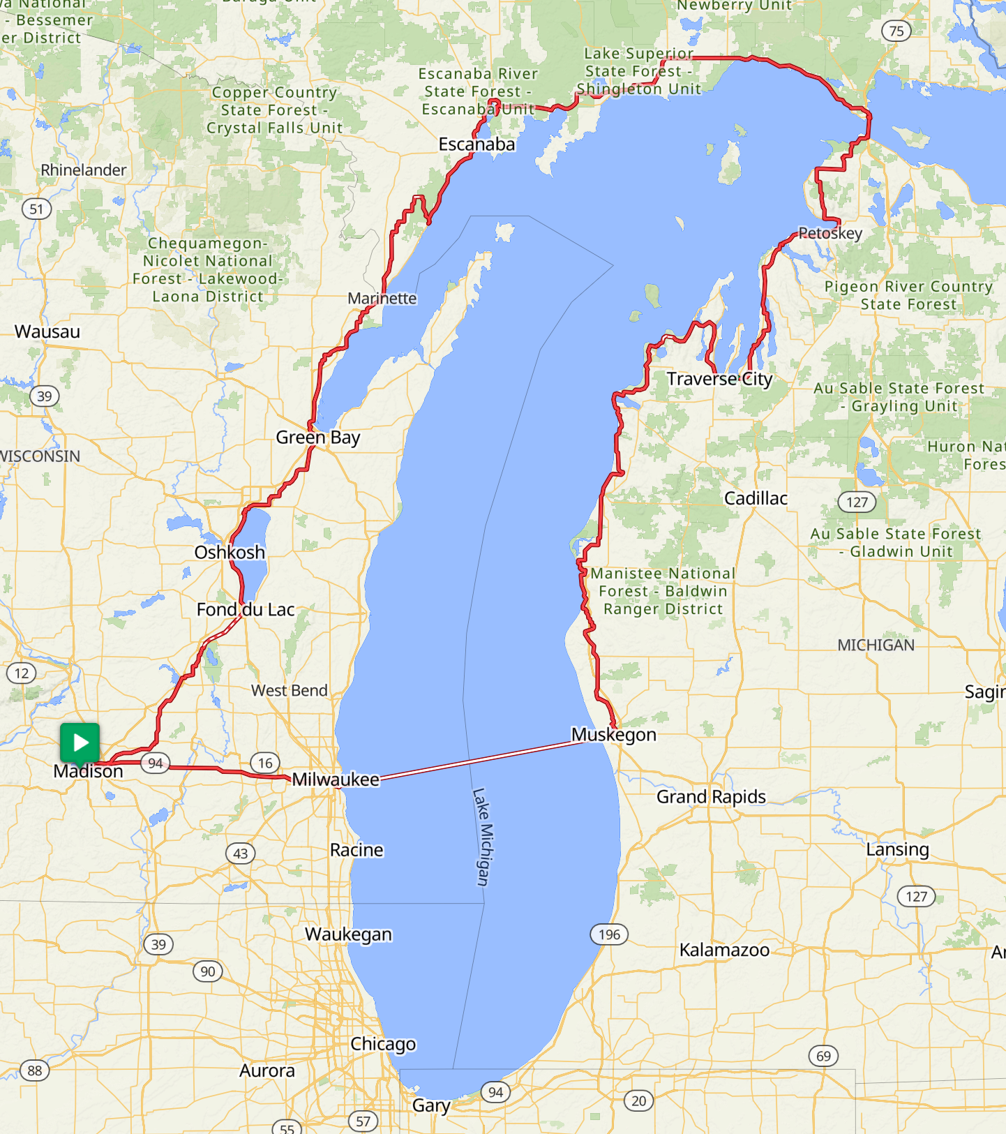 Lake Michigan bike tour route